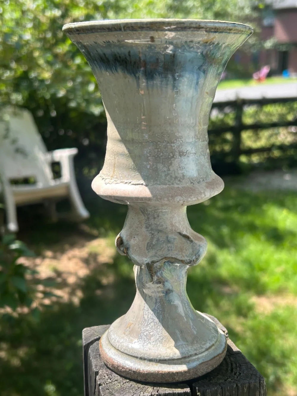 Large Vintage Studio Art Pottery Twisted Pedestal Vase Crystalline Ash Glaze Han